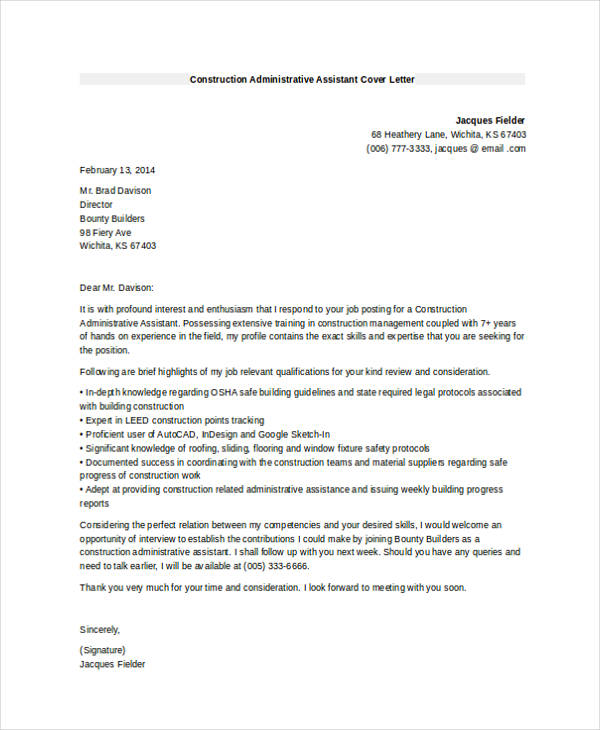 construction administration cover letter