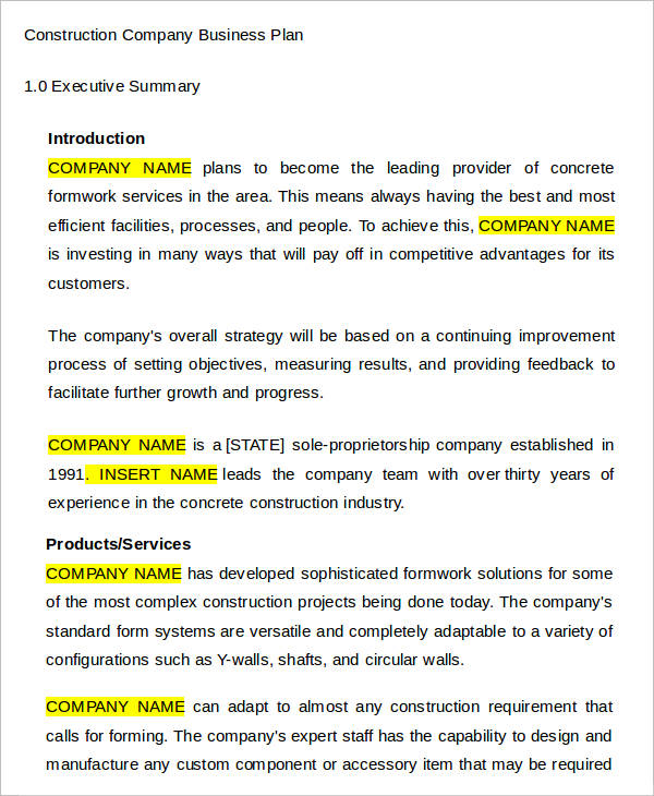 Construction Company Business Plan Template