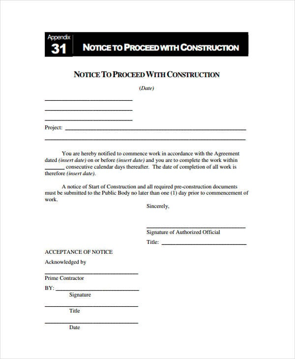 construction notice to proceed template