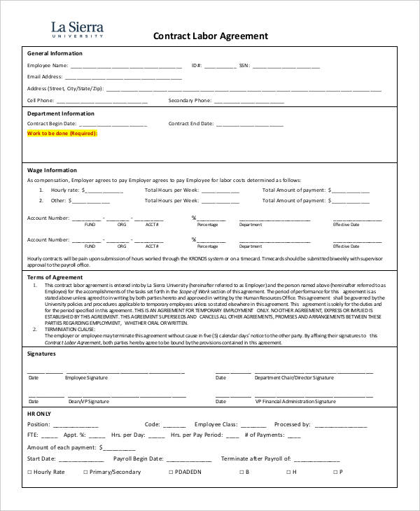 form contract template labor Agreement Word,  Labor   Templates Format Free 5 PDF