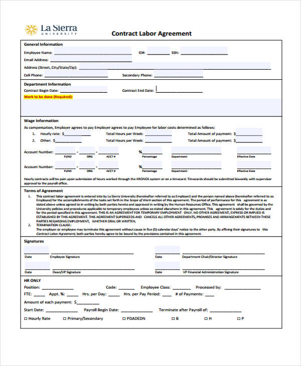 Labor Work Agreement Templates 14+ Free Word, Excel & PDF Formats