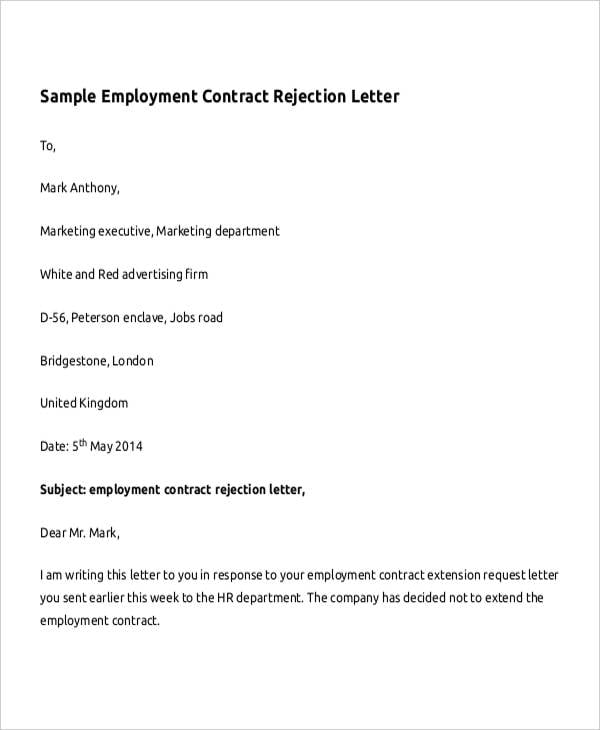 contract rejection letter