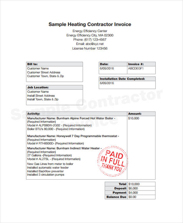 examples of invoices for contractors