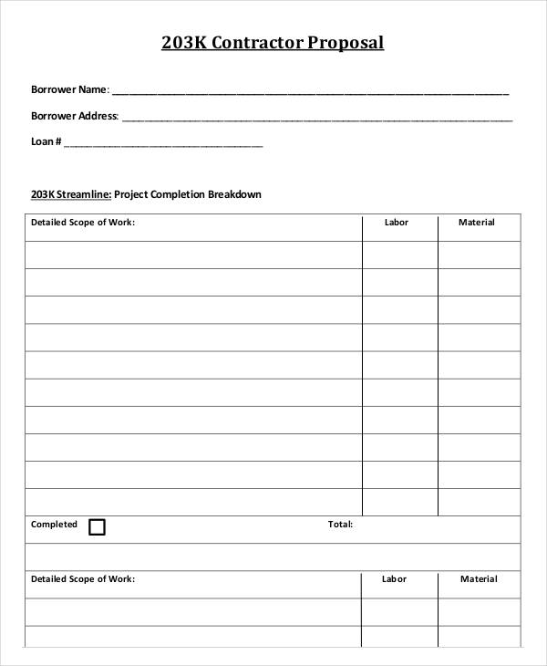 203k Contractor Bid Template