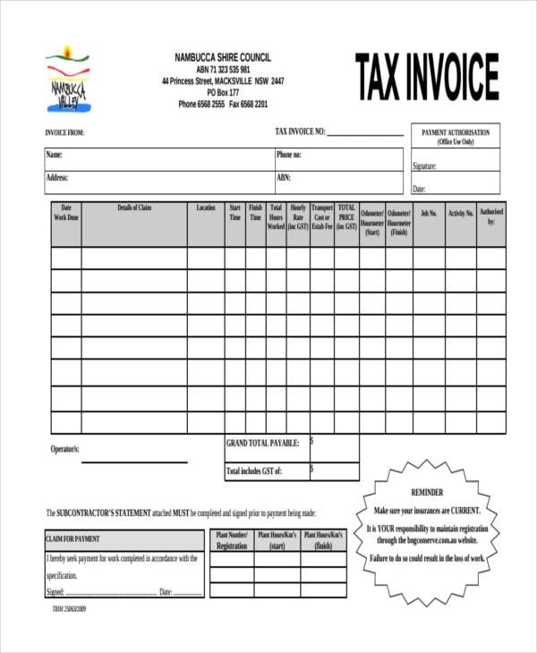 contractor tax invoice