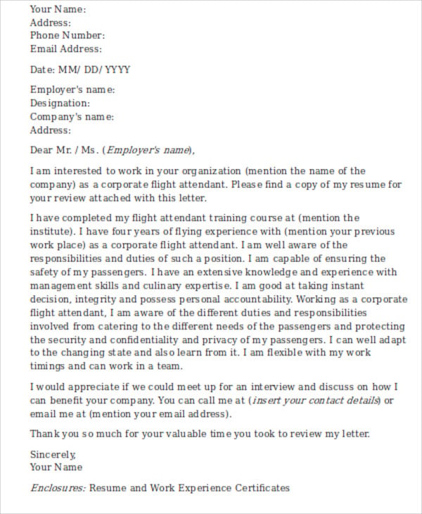 corporate flight attendant cover letter
