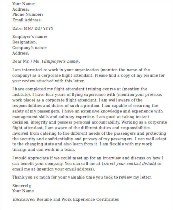 application letter for the position of flight attendant