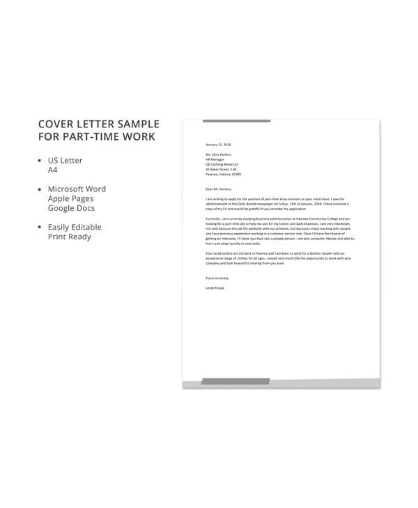 example cover letter for part time job