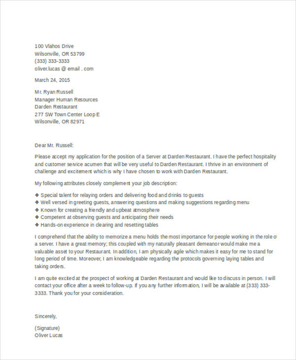food service cover letter no experience