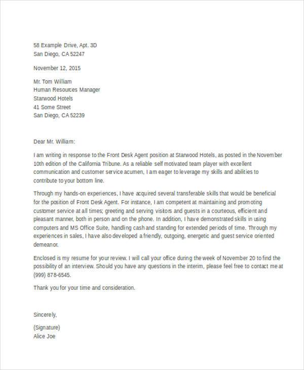 sample cover letter for front desk associate