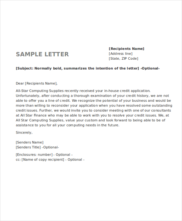 5+ Credit Rejection Letter - Word, PDF
