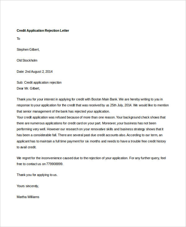 credit card application rejection letter