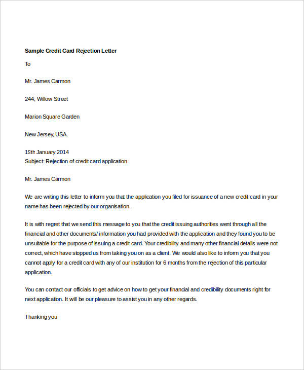 8+ Credit Rejection Letter Free Sample, Example format Download