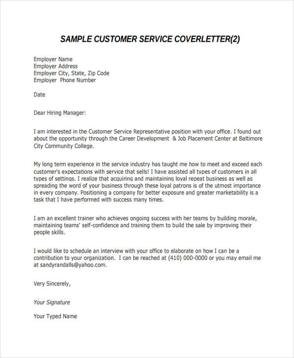 customer service cover letter