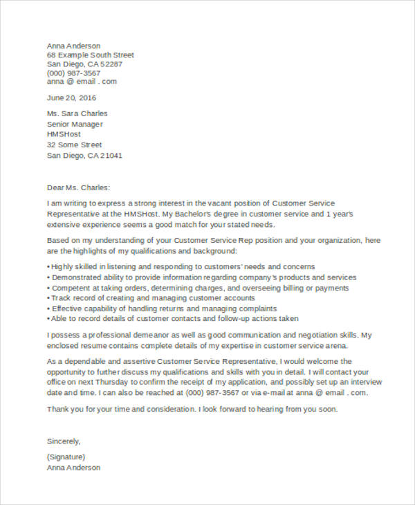 customer service cover letter examples 2022