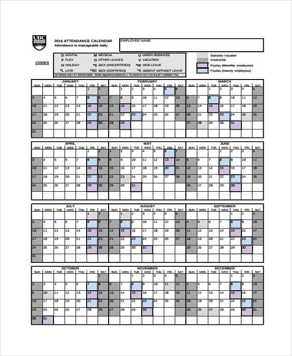 2025 Attendance Calendar