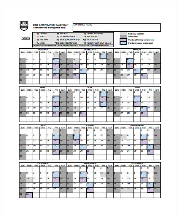 Attendance Calendar Template