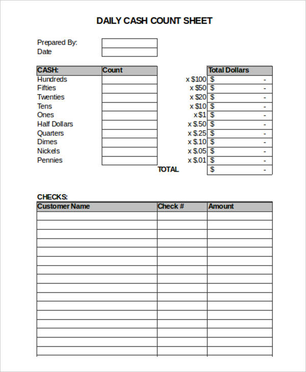 Printable Cash Count Sheet Excel