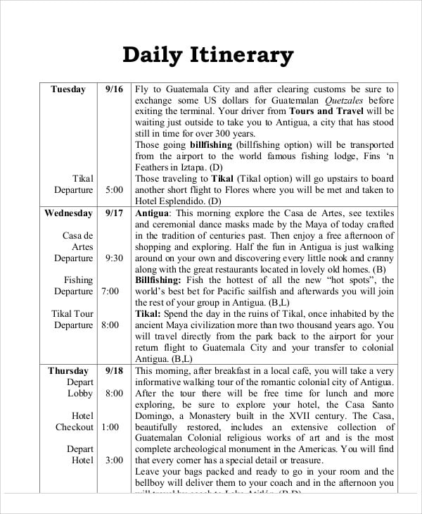 daily itinerary example