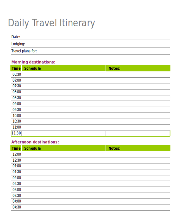 Itinerary Template Excel Free