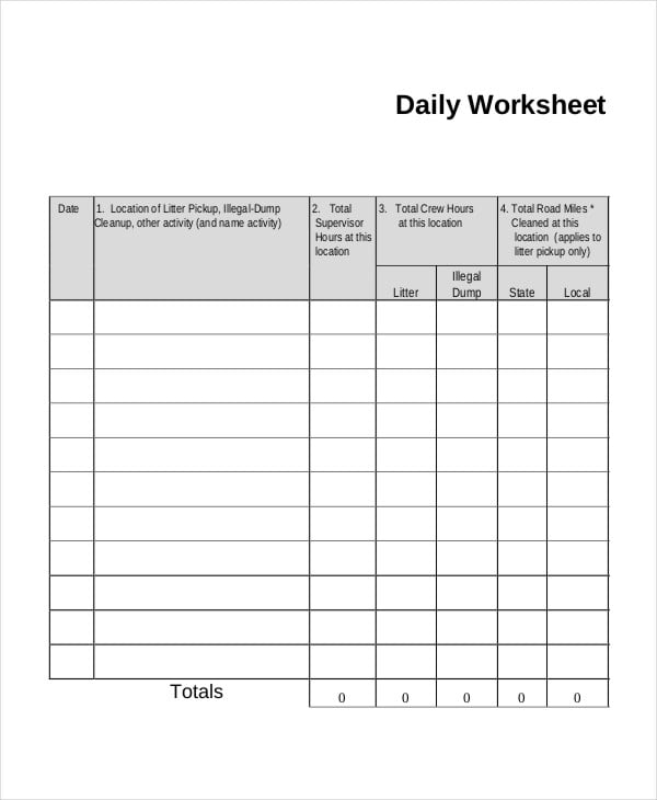 Daily Worksheets Template