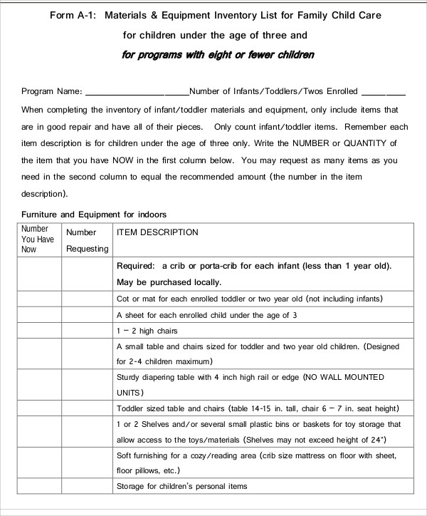 5 Daycare Inventory Templates Free Sample Example Format Download