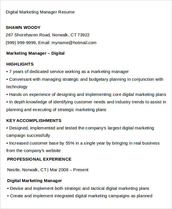 digital marketing manager resume