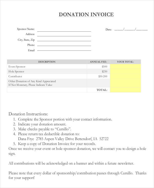 Donation Invoice Template Free