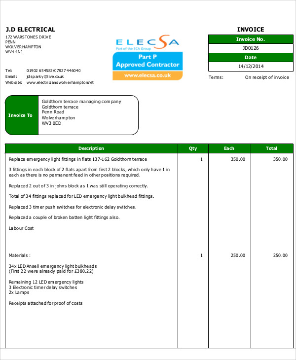 Electrical Invoice Template 7+ Free Word, PDF Format Download