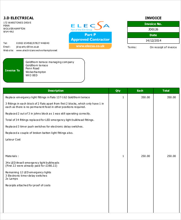 Electrician Receipt Template TUTORE ORG Master Of Documents