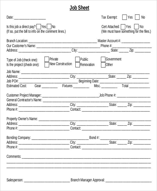 10+ Job Sheet Templates - Free Sample, Example Format Downlaod