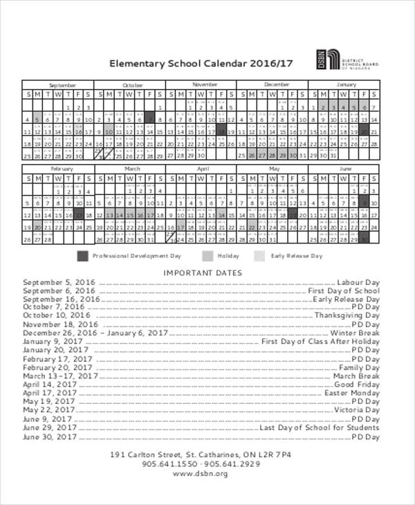 elementary school calendar