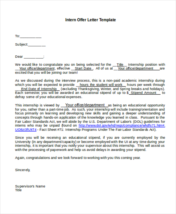 13+ Internship Offer Letters - Samples, Examples Format Download