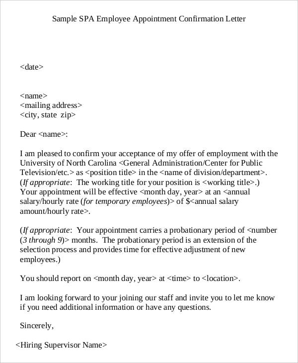 employee appointment confirmation letter