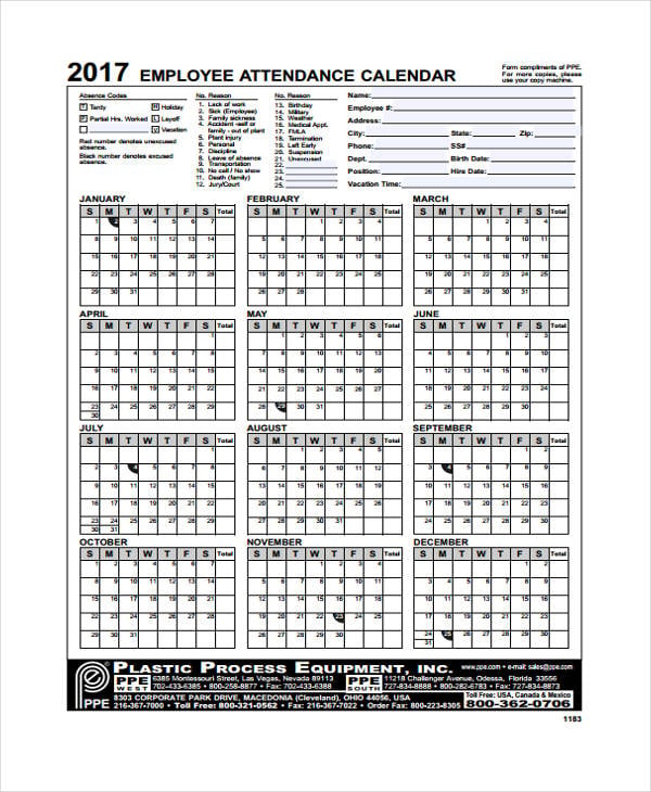 employee attendance calendar