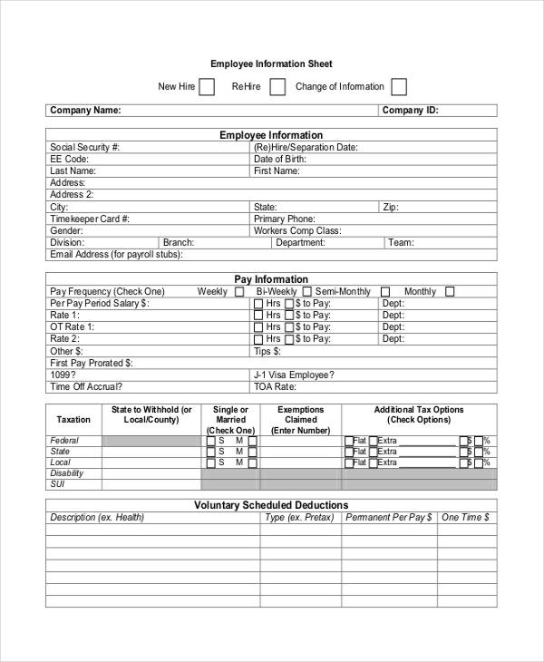 employee information sheet