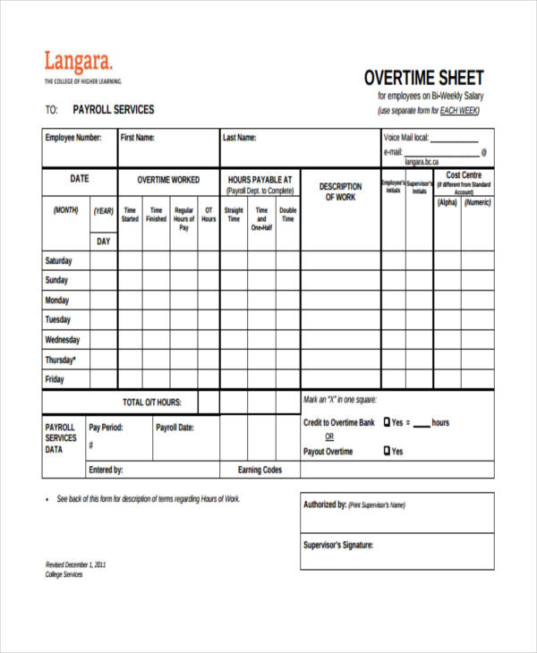 Overtime Sheet Template - 14+ Free Word, PDF Format Download