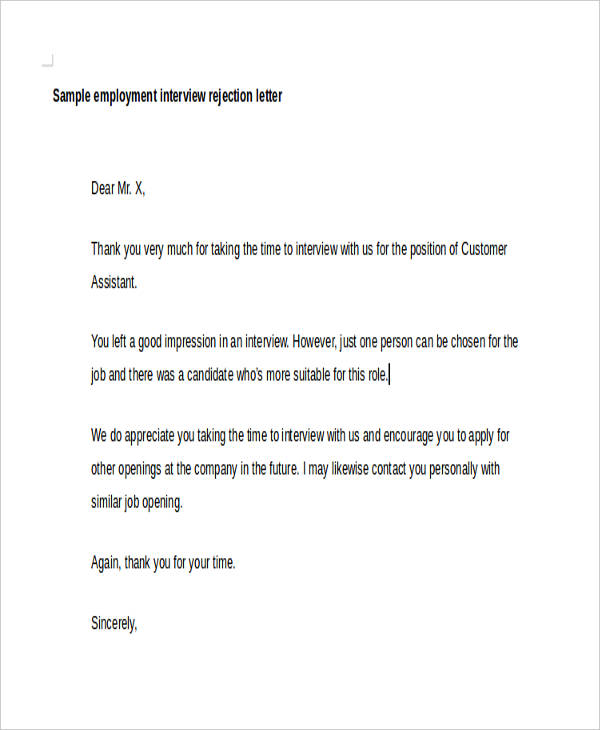 employer interview rejection letter