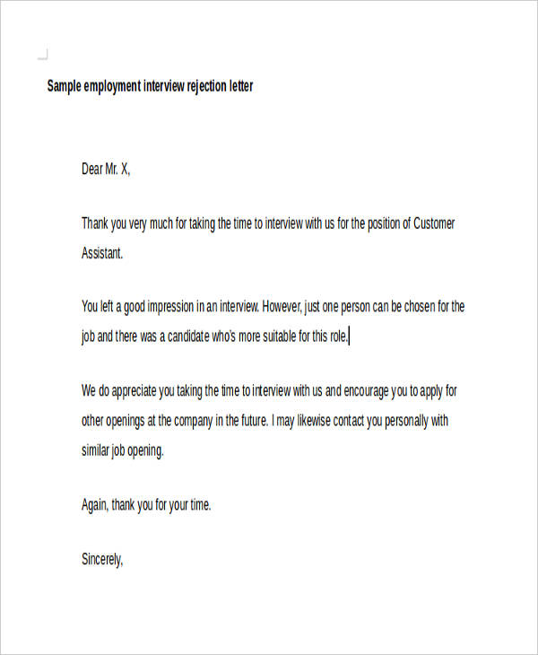 Rejection Letter Examples For After an Interview