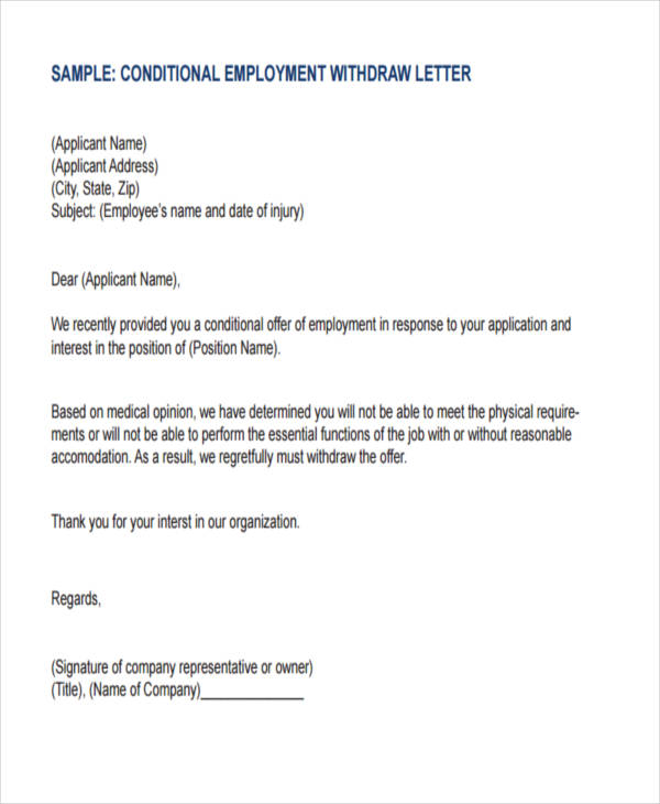 employment withdrawal letter