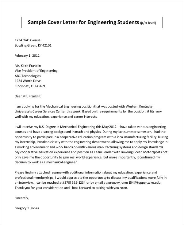 undergraduate student cover letter examples