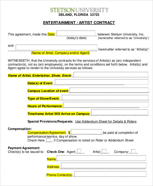 Artist Contract Templates Free Download Printable Templates