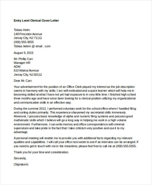 10+ Clerical Cover Letter Templates - Free Sample, Example ...