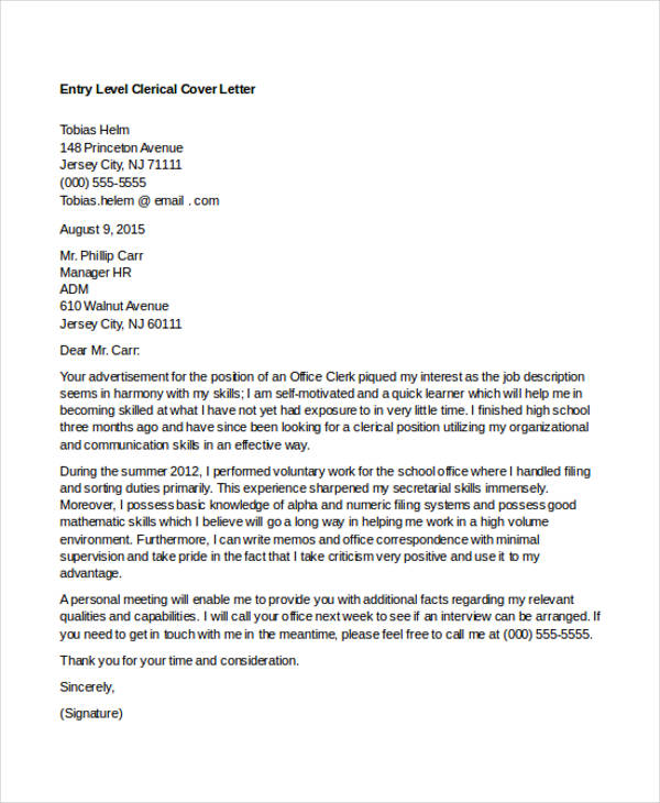 application letter for the position of sales clerk