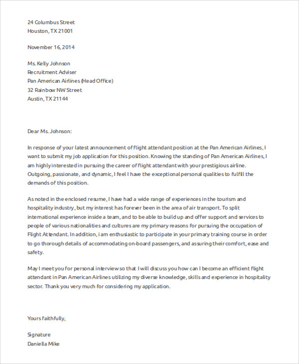 sample application letter for flight attendant