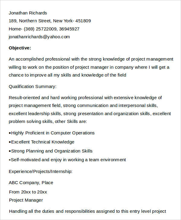 entry level project manager resume