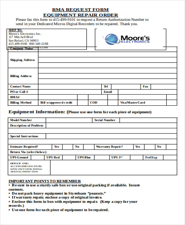 equipment repair order