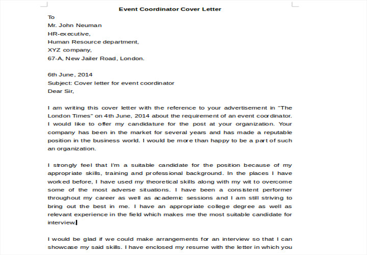 Cover letter event coordinator job