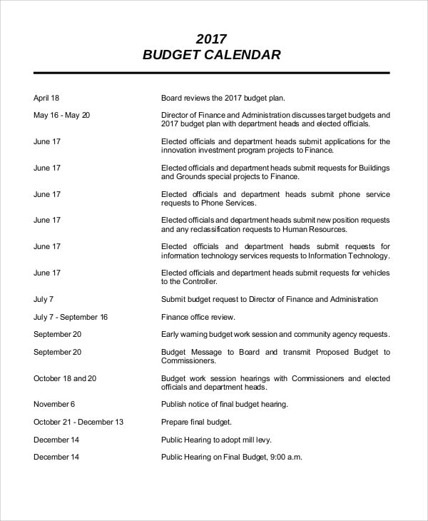 example of budget calendar