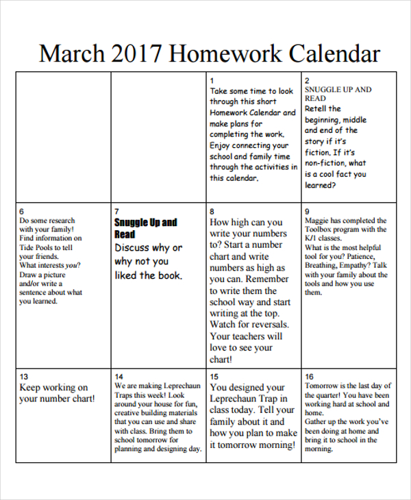 7+ Homework Calendar Templates Free Sample, Example Format Download